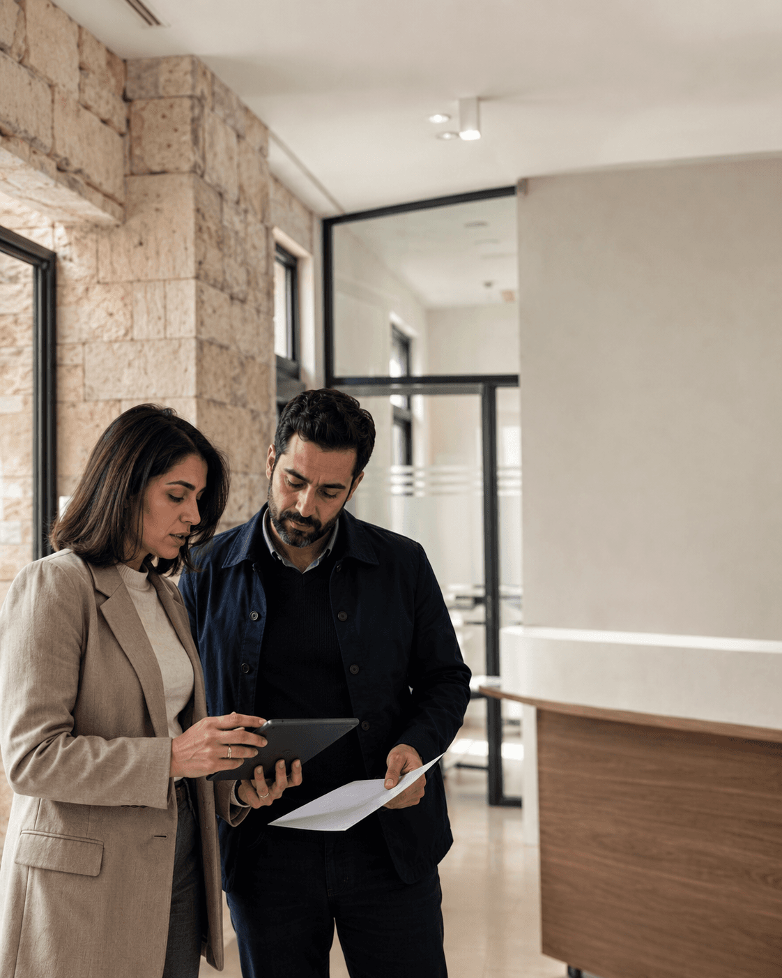Two professionals reviewing workflow inside a contemporary private healthcare organization